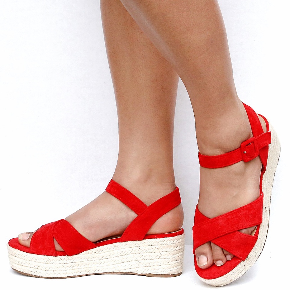 New Red Cross Straps Wedge Espadrille Sandals - Picture 4 of 8